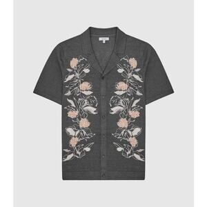 Reiss | Linen Hernandez Embroidered Cuban
Collar Shirt Grey Button Up Large